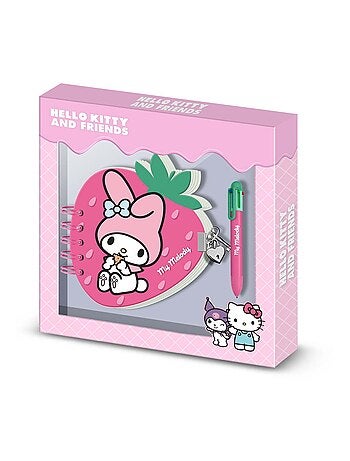 Hello Kitty My Melody Strawberry Pack de Journal Fraise + Stylo 6 Couleurs, Rose