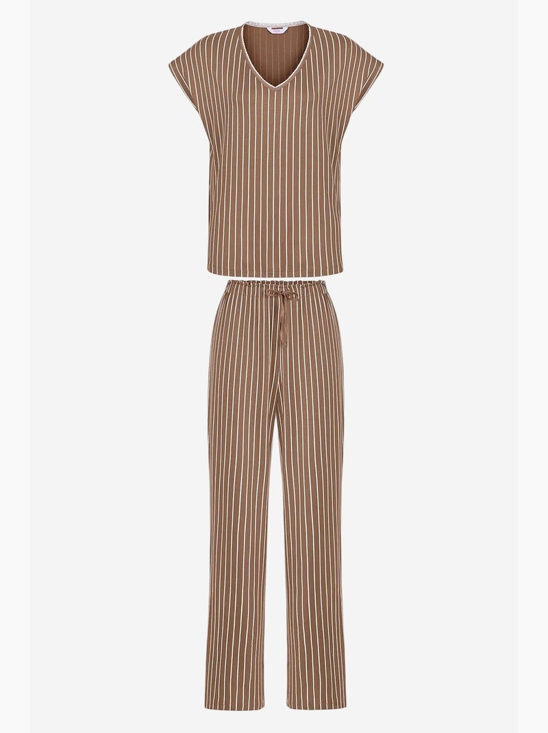 Hera ensemble de pyjama rayé en dentelle à manches courtes et pantalon penti Marron - Kiabi