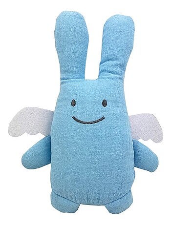 Hochet peluche ange lapin en coton bio bleu ciel (20 cm)