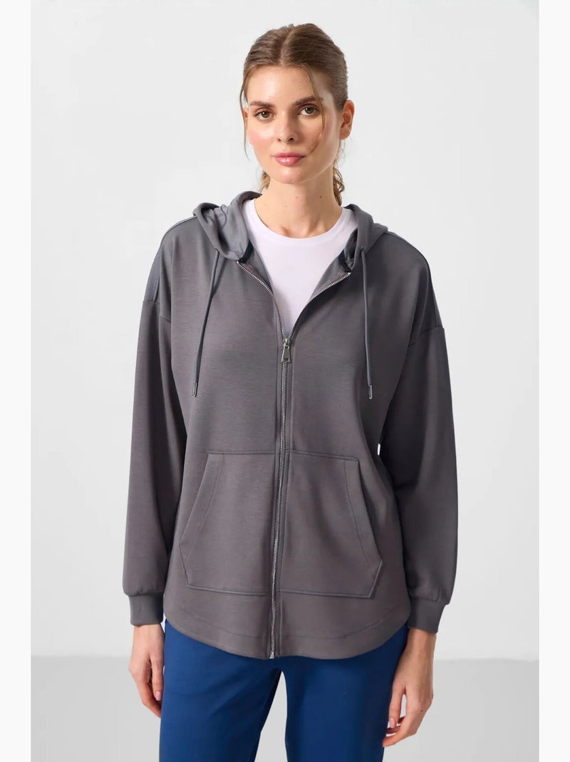 Hoodie tunique long oversize à capuche et zip tommy Gris Noir - Kiabi