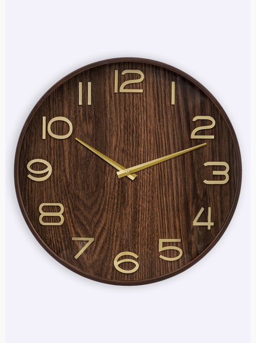 Horloge chiffres métal, fond aspect bois - Kiabi