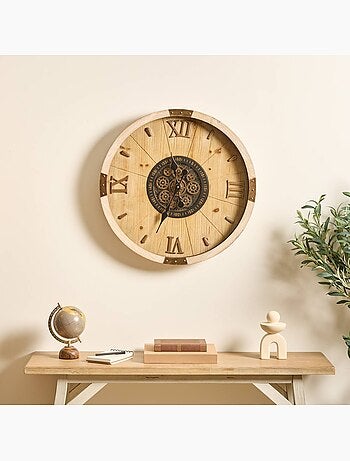 Horloge mécanique bois et fonte engrenages apparents MICKA