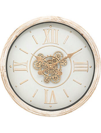 Horloge mécanique effet bois patiné engrenages laiton SONIKA