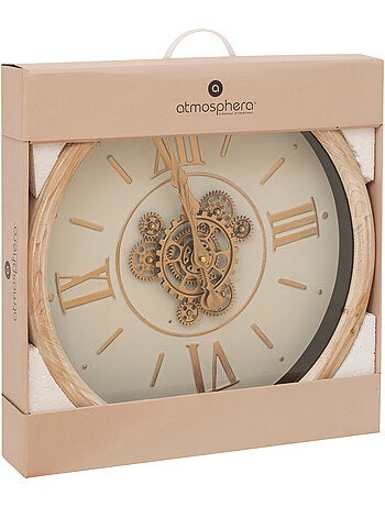 Horloge mécanique effet bois patiné engrenages laiton SONIKA