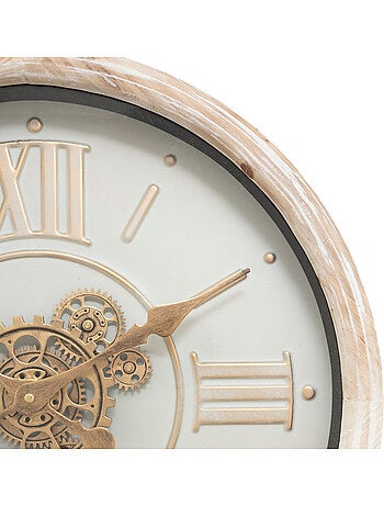 Horloge mécanique effet bois patiné engrenages laiton SONIKA