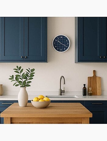 Horloge murale ronde bleu quadrillage blanc 25cm