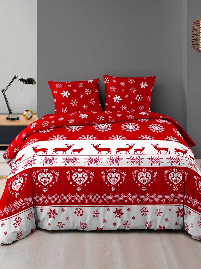 Housse couette + 2 taies 220 x 240 cm flanelle microfibre Floconnette Rouge - Kiabi