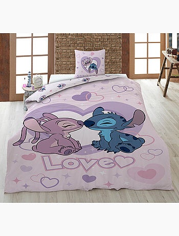 Housse Couette Disney Stitch & Angel 140x200cm + Taie 65x65cm ? Love Rose ? Polycoton