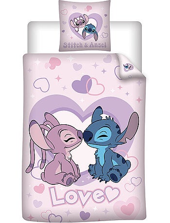 Housse Couette Disney Stitch & Angel 140x200cm + Taie 65x65cm ? Love Rose ? Polycoton