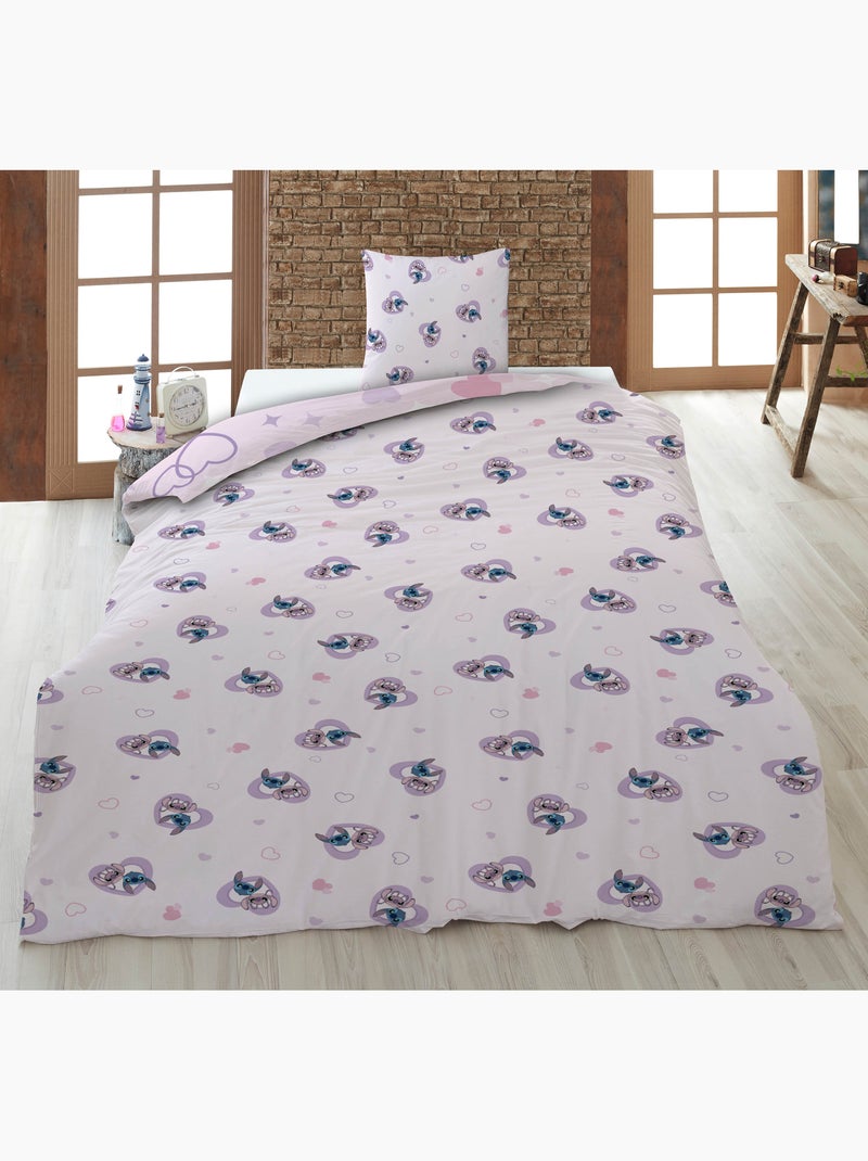 Housse Couette Disney Stitch & Angel 140x200cm + Taie 65x65cm ? Love Rose ? Polycoton Beige/Rose - Kiabi