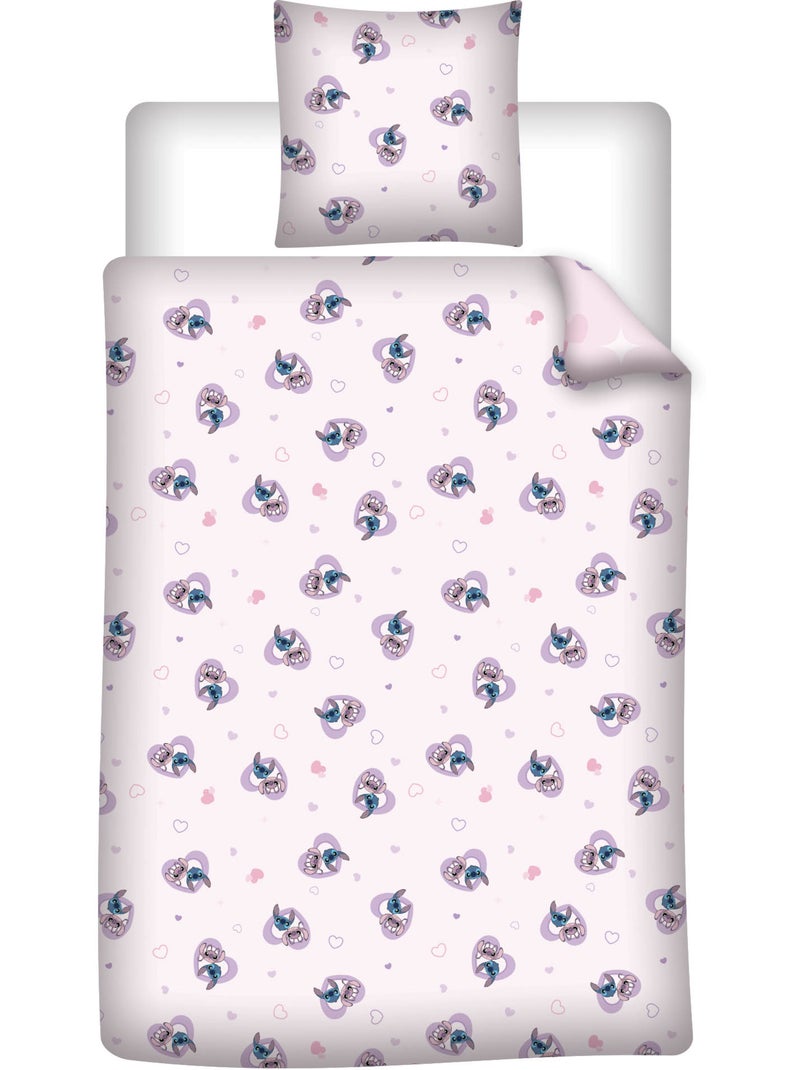 Housse Couette Disney Stitch & Angel 140x200cm + Taie 65x65cm ? Love Rose ? Polycoton Beige/Rose - Kiabi