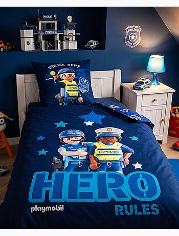 Housse Couette Playmobil Police 140x200cm + Taie 65x65cm – Hero Rules – Polycoton – Licence Officiel