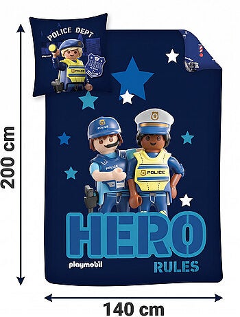 Housse Couette Playmobil Police 140x200cm + Taie 65x65cm – Hero Rules – Polycoton – Licence Officiel