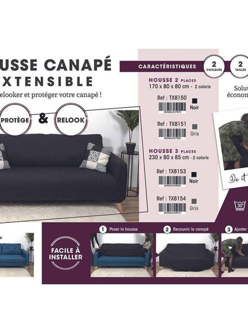 Housse de canapé 3 places extensible noir - Kiabi
