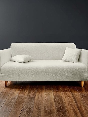Housse de canapé extensible en bouclette polyester coloris blanc