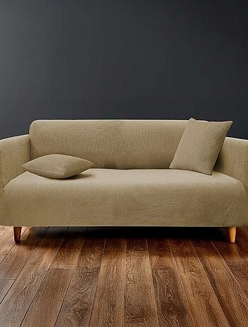 Housse de canapé extensible en polyester gaufré coloris beige