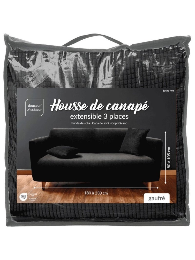 Housse de canapé extensible en polyester gaufré coloris noir Noir - Kiabi