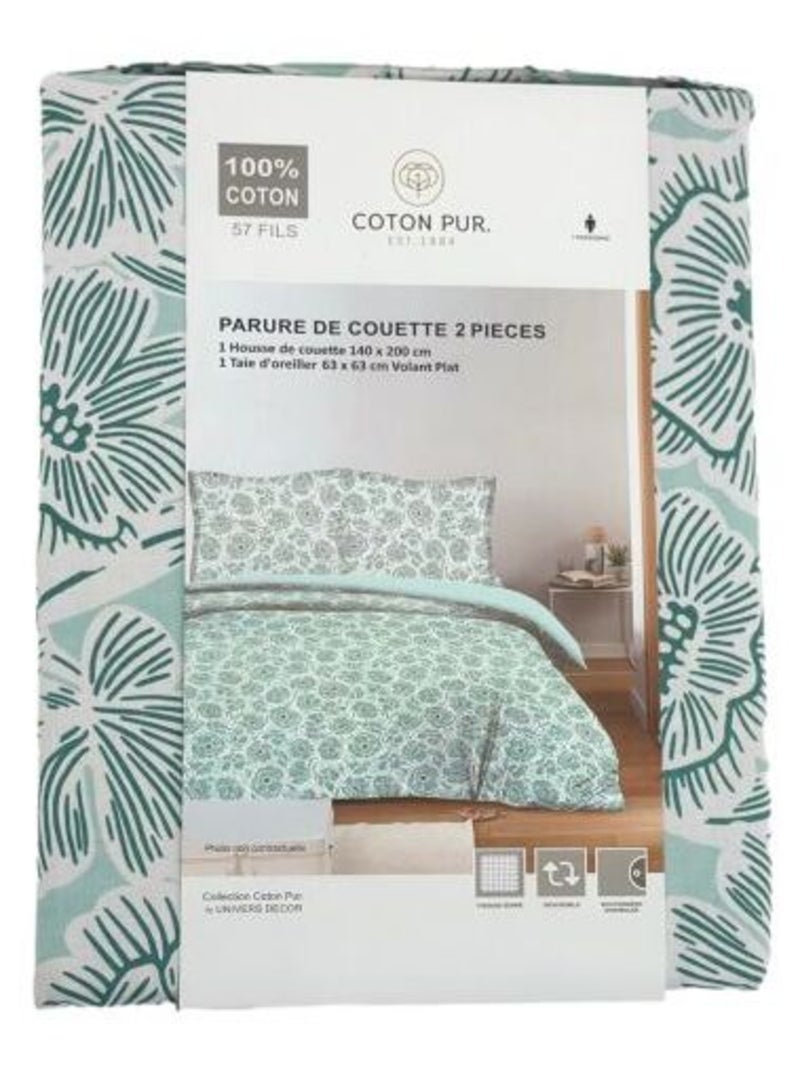 Housse de couette - Coton Pur - 100 % Coton 57 Fils/cm² Bleu céladon - Kiabi