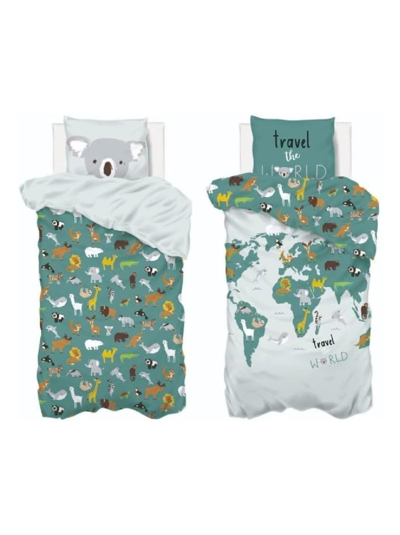 Housse de couette + 1 taie 140 x 200 cm Le monde et les animaux Bleu - Kiabi