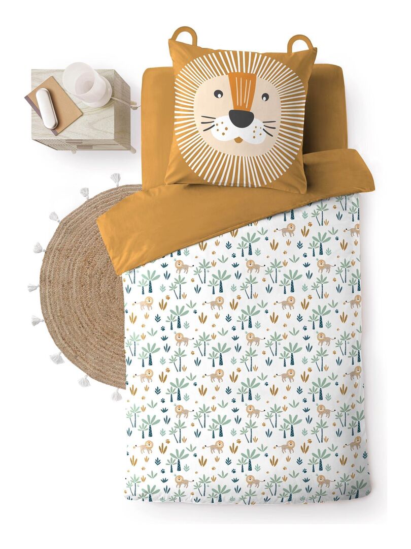 Parure De Lit 1 Personne LION - Housse De Couette 160x200 + Taie 70x80 - Coton Blanc - Neuf