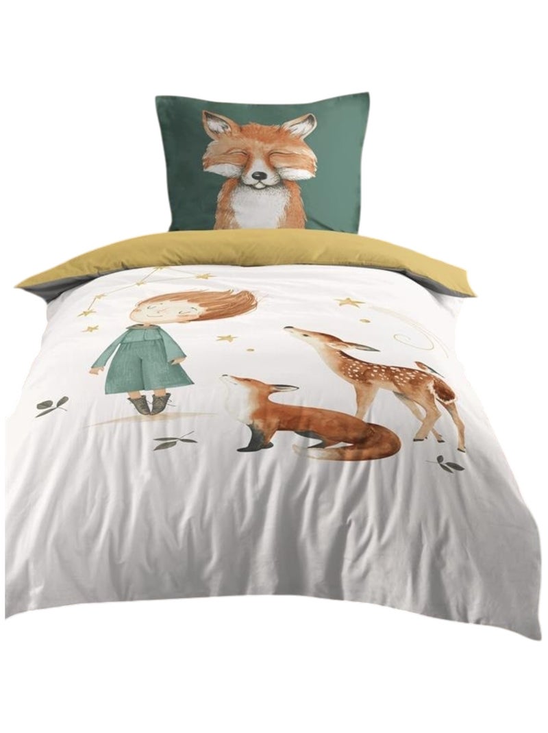 Housse de couette + 1 taie 140 x 200 cm Renard et animaux Blanc - Kiabi