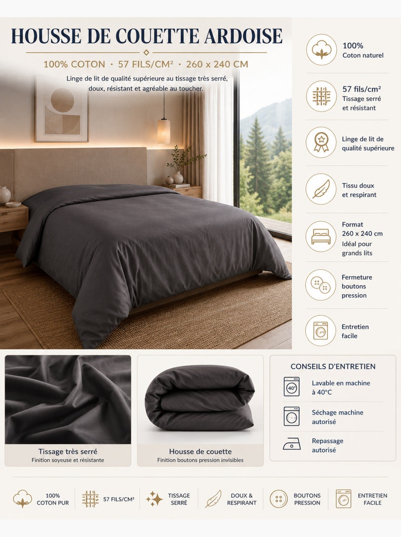 Housse de couette – 100% coton 57 fils/cm² – qualité supérieure gris anthracite - Kiabi