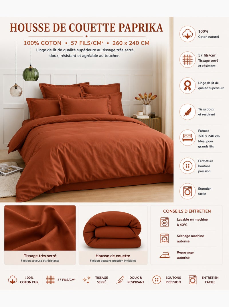 Housse de couette – 100% Coton 57 fils/cm² – Qualité Supérieure Rouge paprika - Kiabi