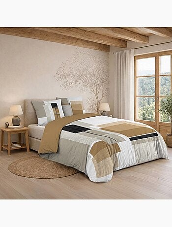 Housse de couette 100% coton finition pression + 2 taies d’oreiller