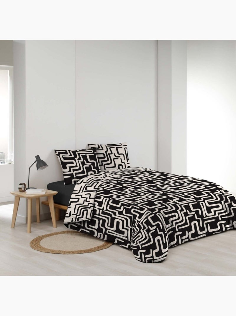 Housse de couette 100% coton finition pression + 2 taies d’oreiller Noir - Kiabi