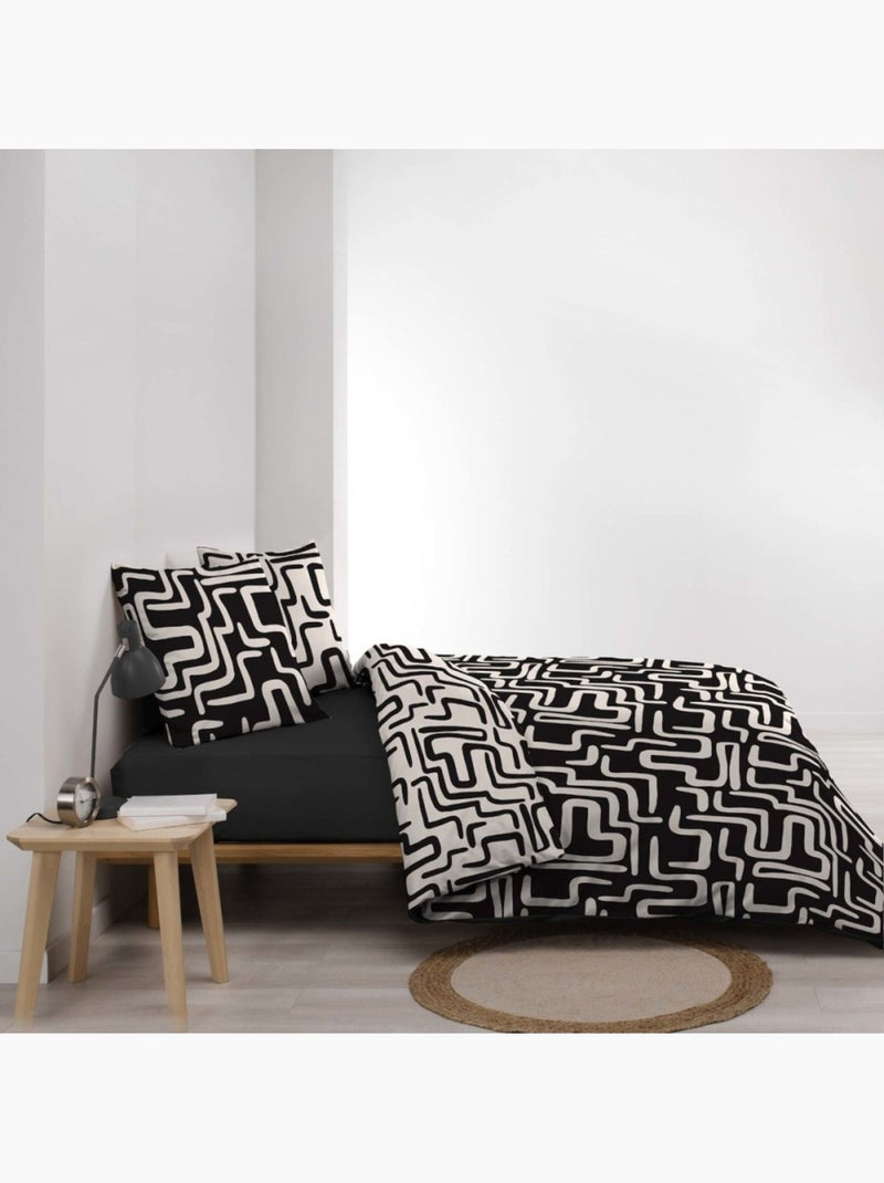 Housse de couette 100% coton finition pression + 2 taies d’oreiller Noir - Kiabi