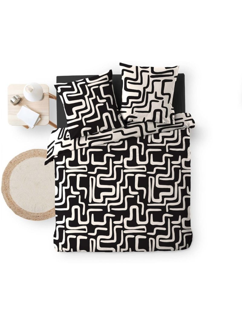 Housse de couette 100% coton finition pression + 2 taies d’oreiller Noir - Kiabi