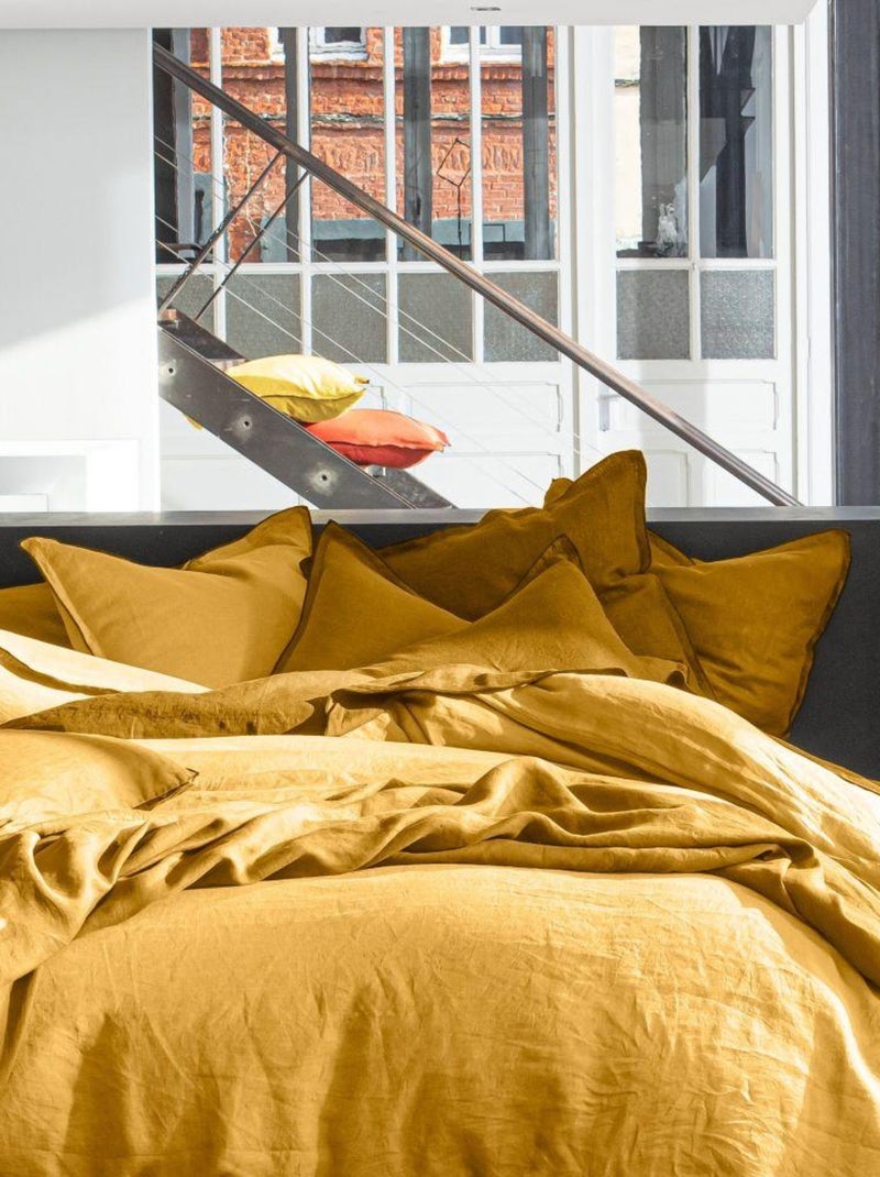 Housse de couette 100% Lin Lavé Jaune foncé - Kiabi