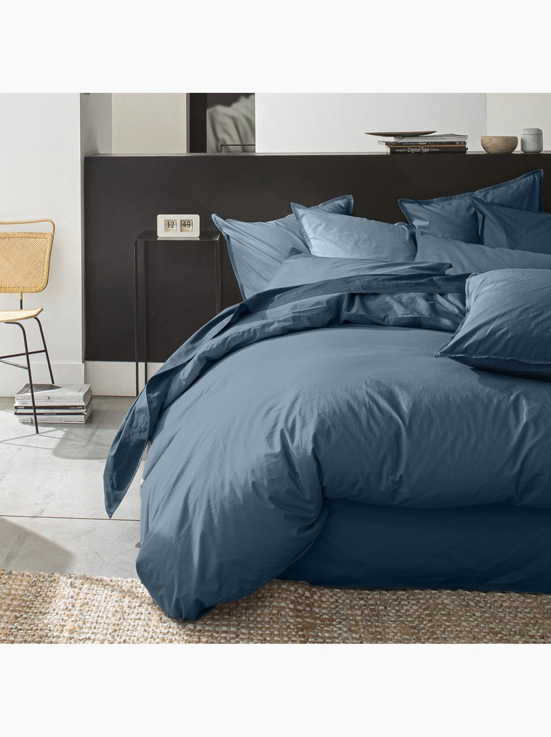 Housse de couette 100% percale de coton lavé 80fils/cm2 Bleu - Kiabi