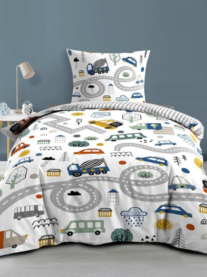 Housse de couette 140x200 + 1 taie BOLIDE 100% coton Blanc - Kiabi