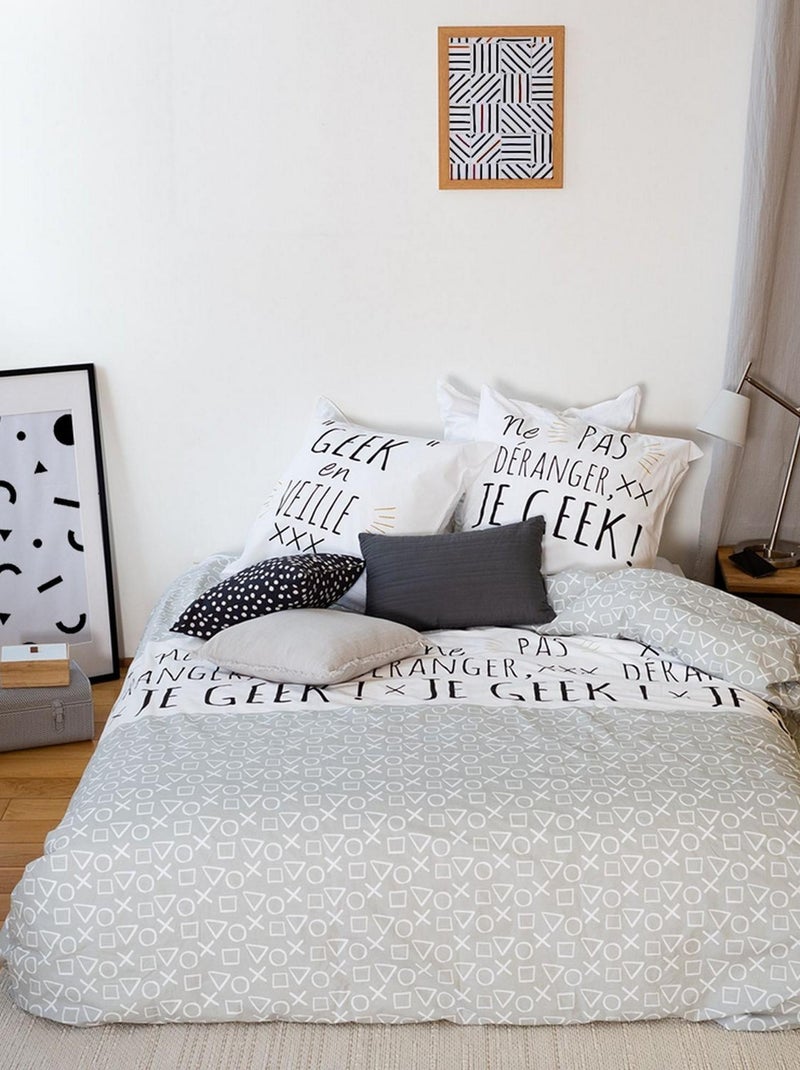 Housse de couette 140x200 + 1 taie d'oreiller 63x63 Coton Geek Blanc - Kiabi