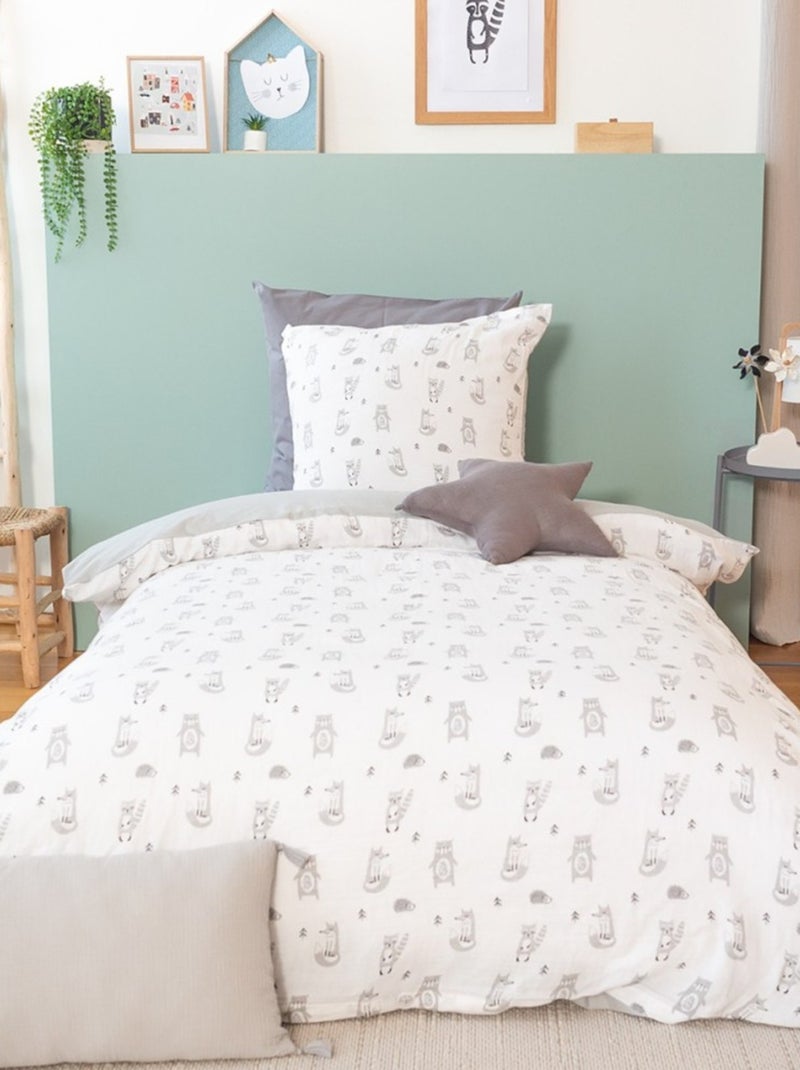 Housse de couette 140x200 + 1 taie FORET en gaze de coton Gris - Kiabi