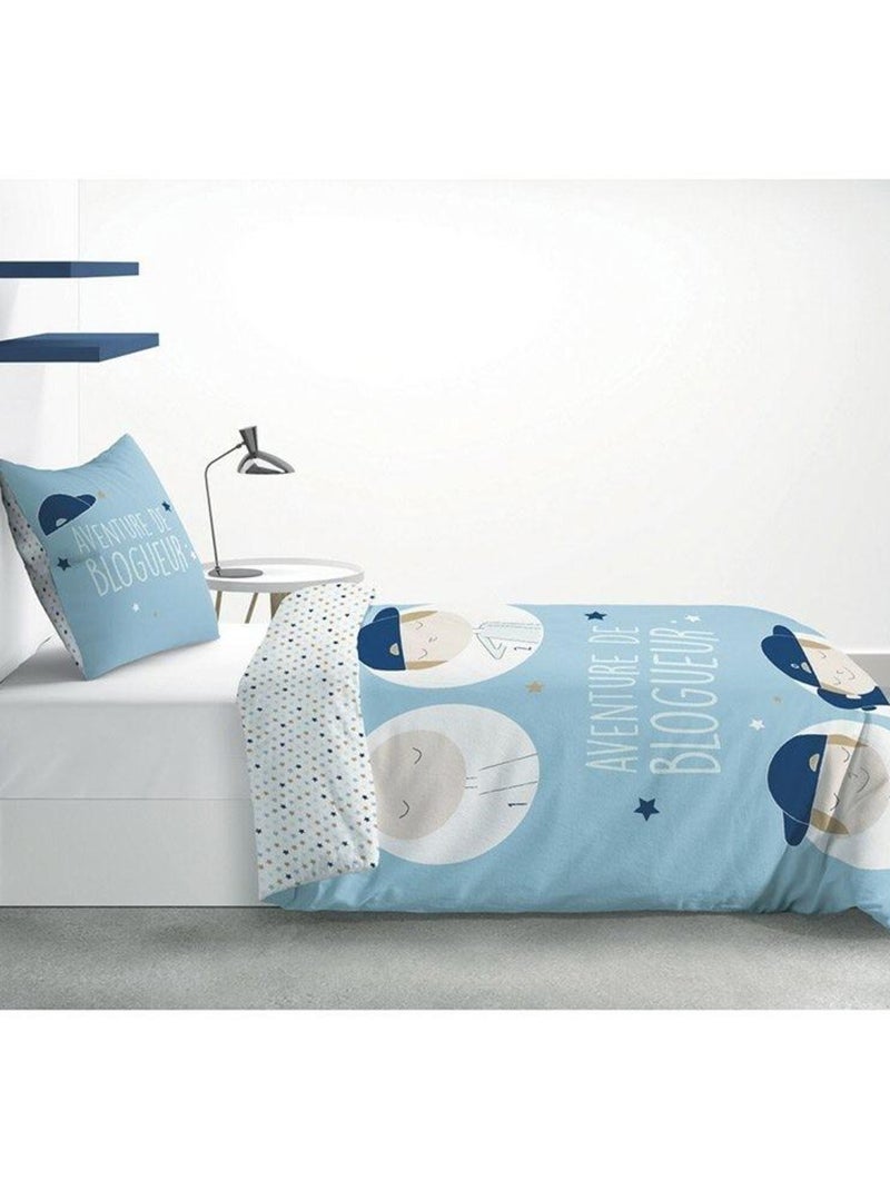 Housse de couette 140x200 Blogueur + taie 100% coton Bleu - Kiabi