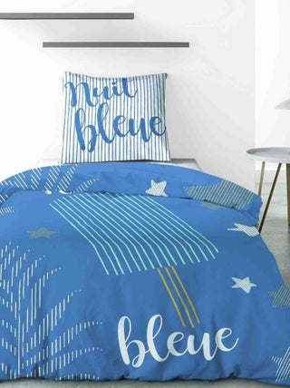 Housse de couette 140x200 cm + 1 taie d'oreiller 65x65 cm 100% Coton 47 fils Nuit Bleue