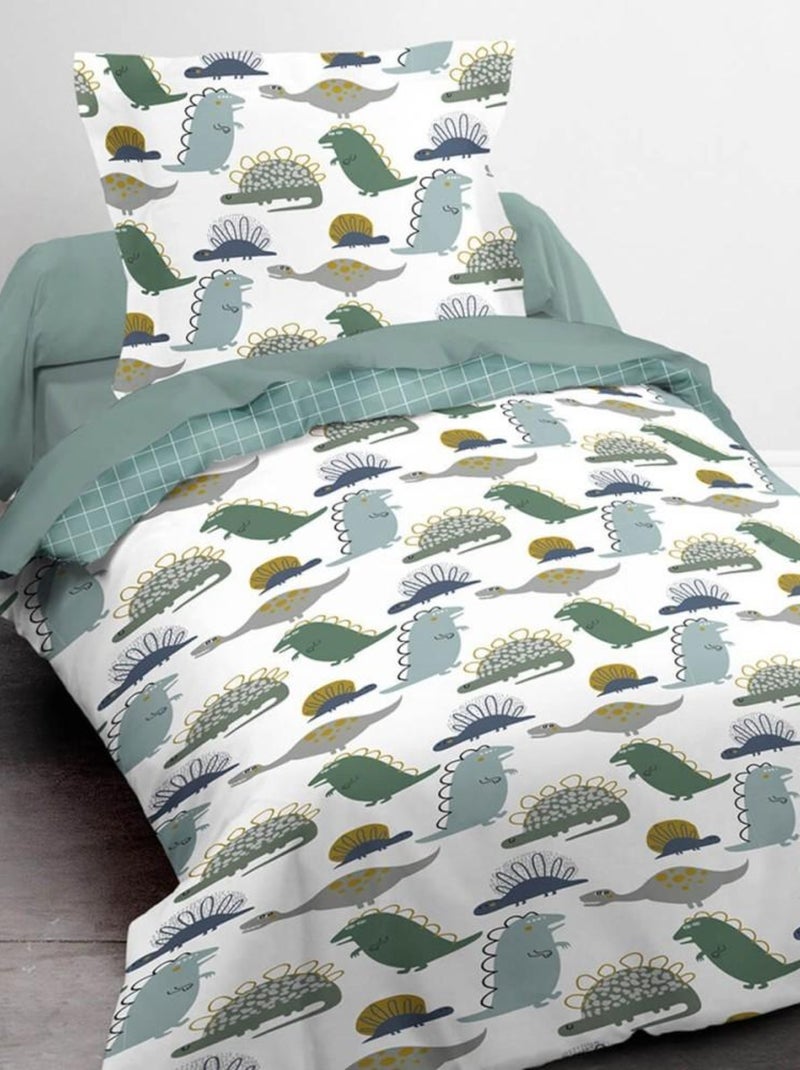 Housse de couette 140x200 Kids Happy Dinorama + 1 taie 100% coton 57 fils Vert - Kiabi
