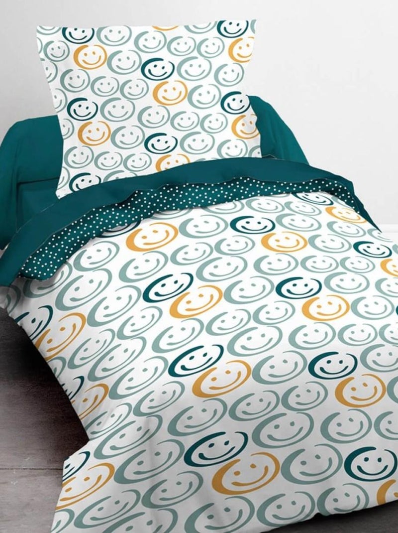 Housse de couette 140x200 Kids Happy Smiley + 1 taie 100% coton 57 fils Blanc - Kiabi