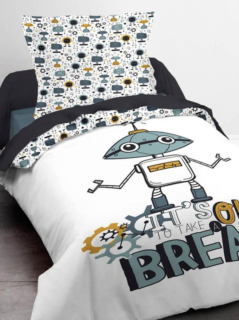 Housse de couette 140x200 Kids Kool Robot + 1 taie 100% coton 57 fils Blanc - Kiabi
