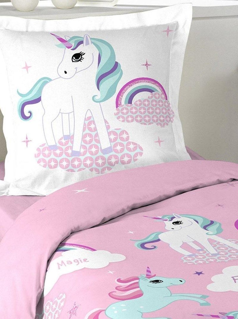Housse de couette 140x200 Licorne + 1 taie coton Rose - Kiabi
