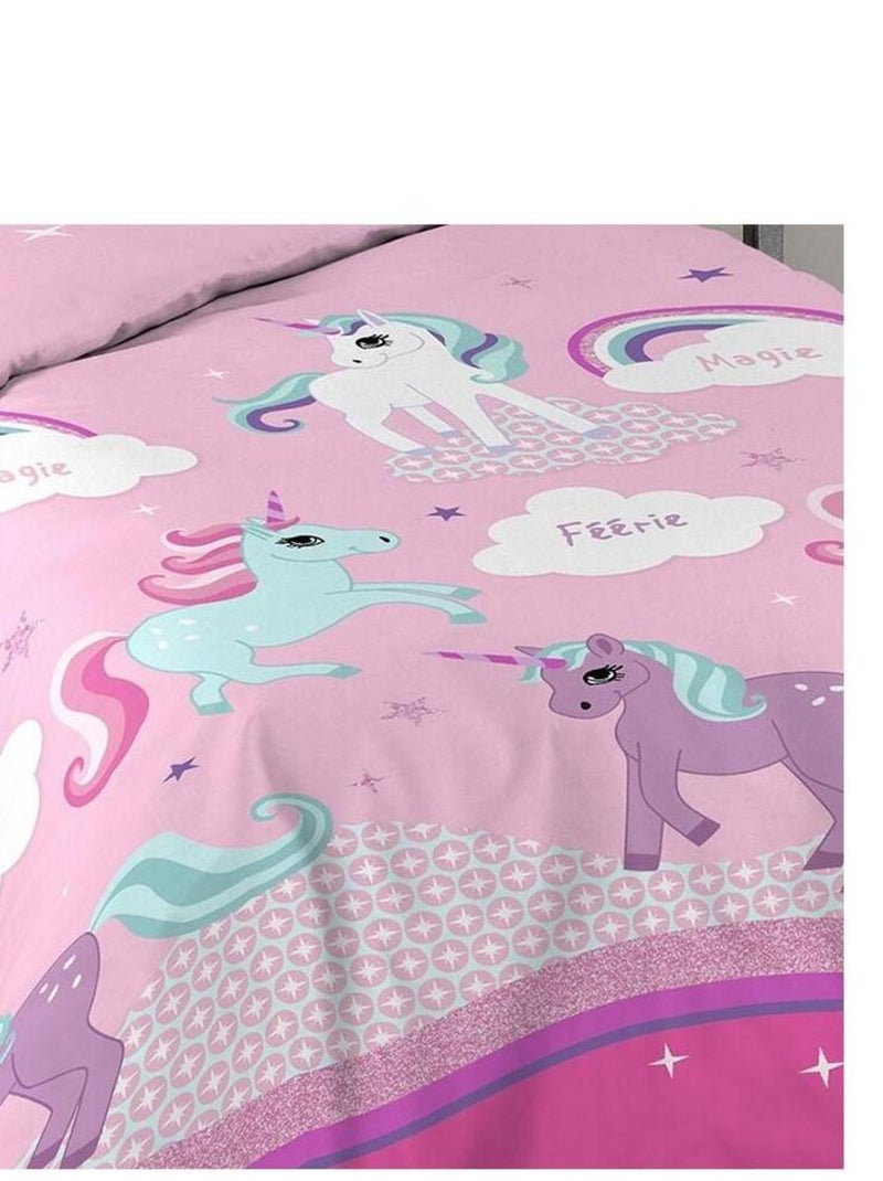 Housse de couette 140x200 Licorne + 1 taie coton Rose - Kiabi
