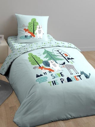 Housse de couette 140x200 Save the planet + taie 100% coton bio 57 fils