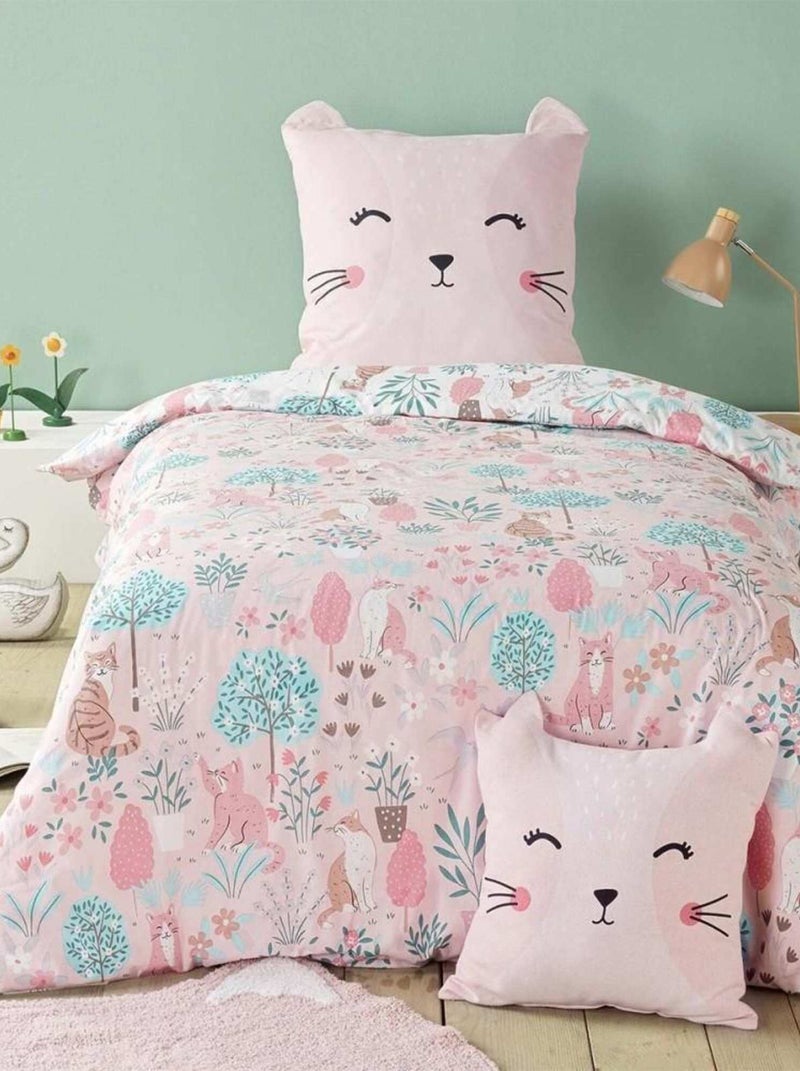 Housse de couette 140x200 + taie Chaton coton Rose - Kiabi