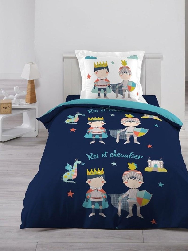 Housse de couette 140x200 + taie Clovis coton 57 fils Bleu - Kiabi