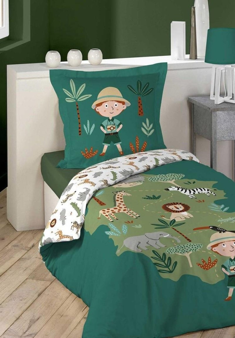 Housse de couette 140x200 + taie Léo l'explorateur coton Vert - Kiabi