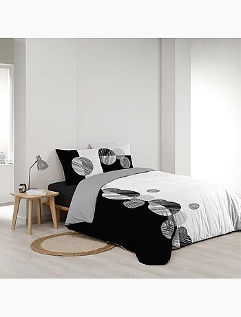 Housse de couette 2 personnes + 2 taies 100% coton 57fils noir et blanc