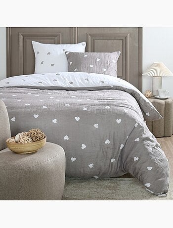 Housse de couette 2 personnes COEURS + 2 taies double gaze de coton