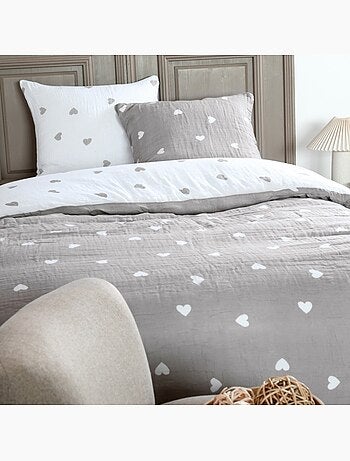 Housse de couette 2 personnes COEURS + 2 taies double gaze de coton